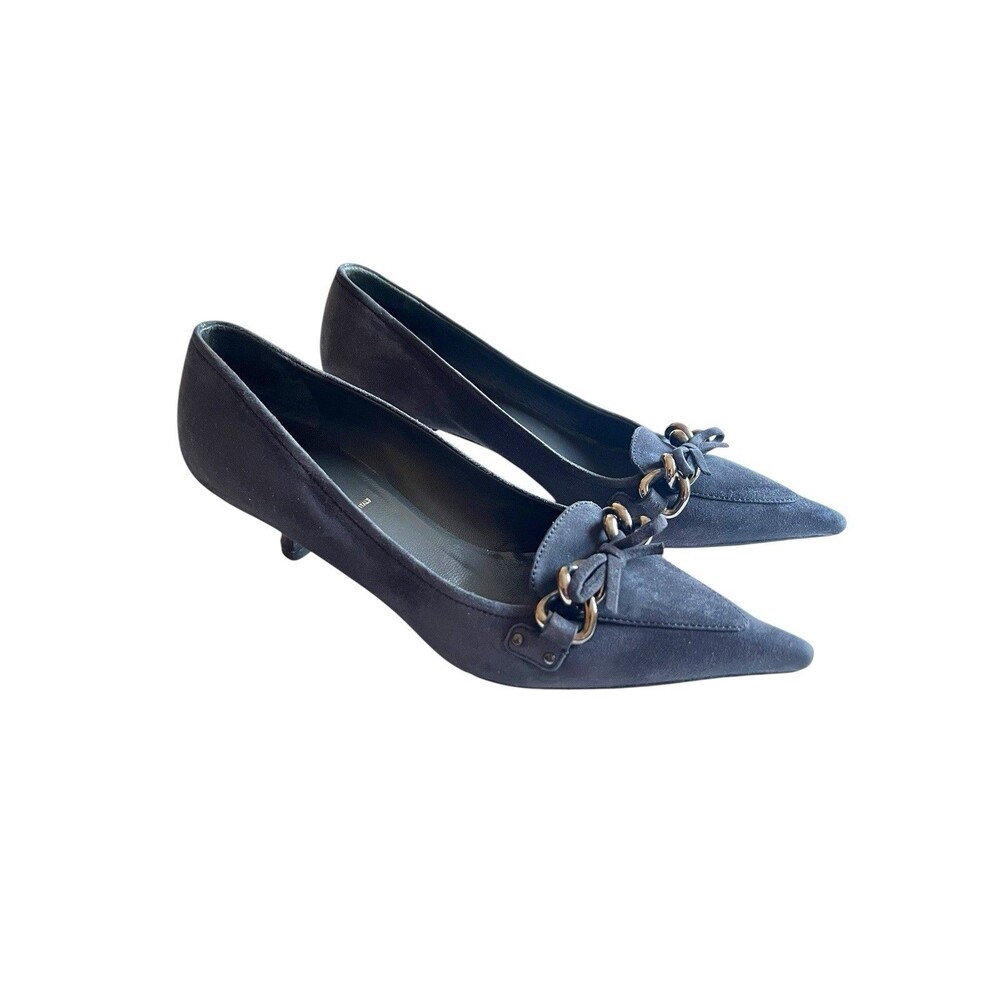 Prada Gray Suede Kitten Heel Pumps Horsebit Pointed Toe Italy EU 36.5 US 6.5 - Picture 6 of 12